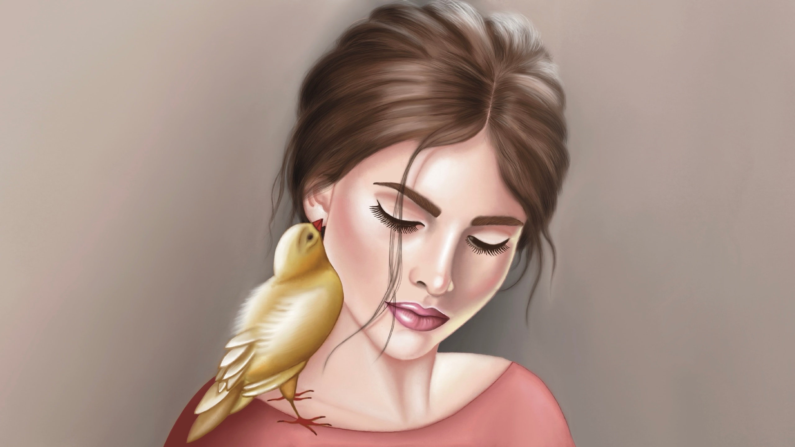 Artwork by Atena Takhayori — a young woman with a small golden bird resting against her cheek